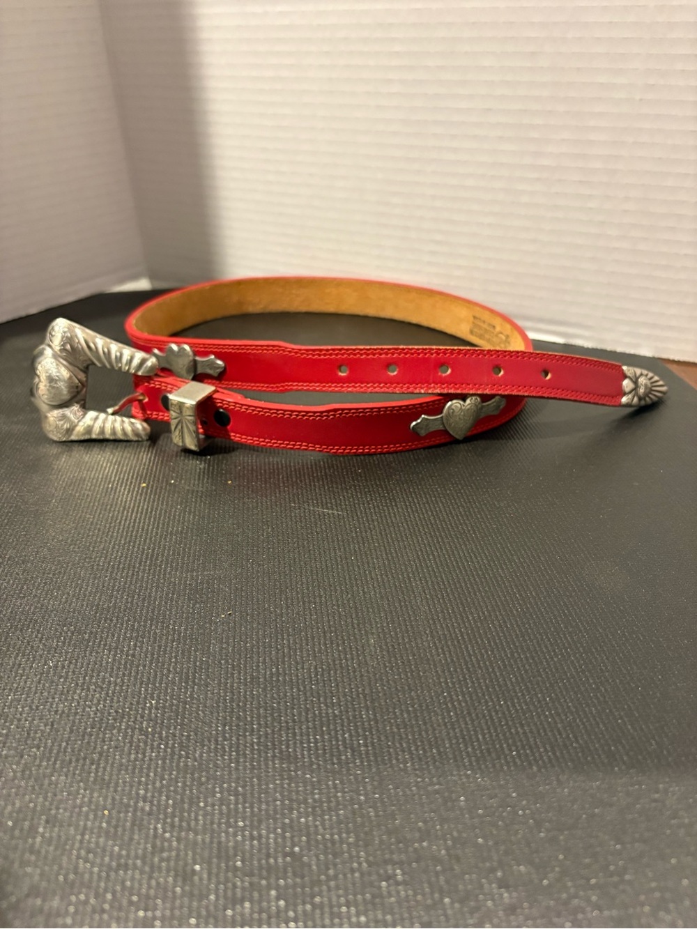 Justin Boots Red Leather Heart Accent Belt with Silver-Tone Buckle